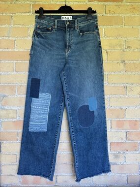 Daze Pleaser High Rise Wide Leg Blue Jeans with Handmade Patchwork